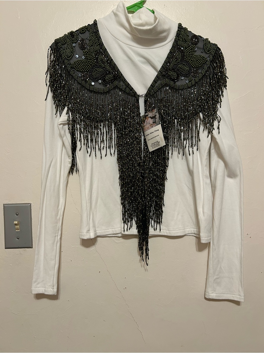 Vintage Contessa Beaded Fringe Shawl Sequin Floral Black Green